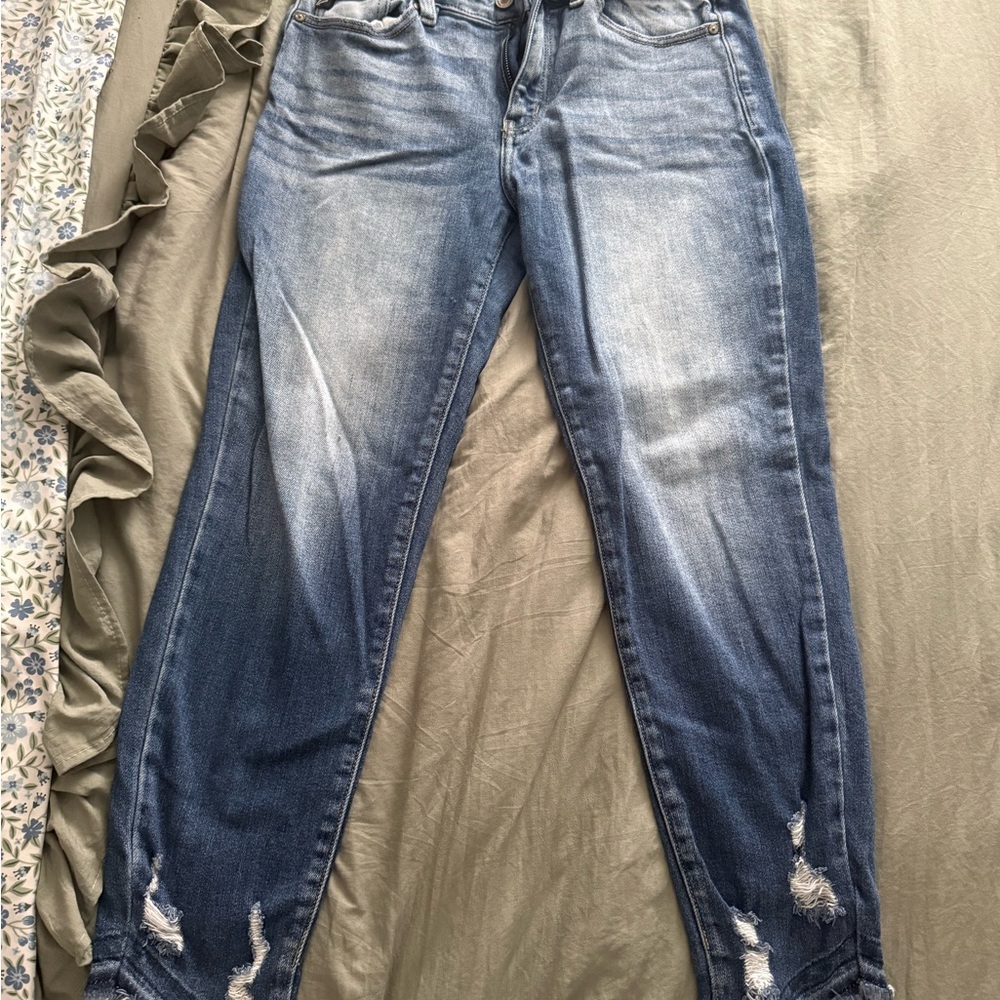KanCan Light-to-Mid Blue Boyfriend Jeans with Distressed Hems